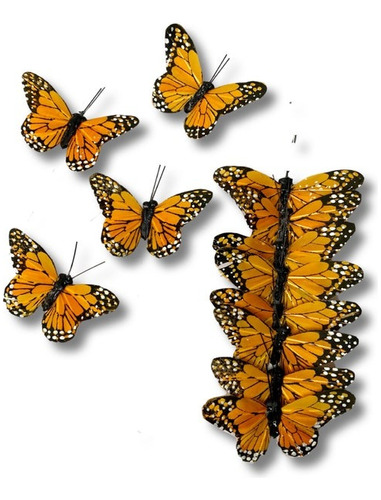 Paquete De 12 Mariposas Monarca De Plumas Naturales 6 Cms