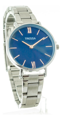Reloj Tressa Mujer Clasico Malla Plateado Bisel Plateado Fondo Azul