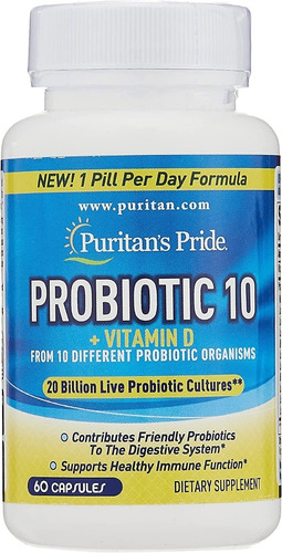 Probiótico 10 Con Vitamina D Para Ayudar A Apoyar La Salud Del Sistema Inmunológico*, 60 Unidades, Por Puritan's Pride
