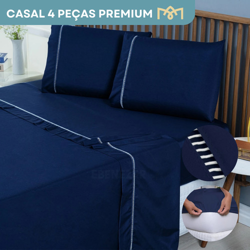 Jogo De Cama 4 Peças Casal C/ Fronha Percal 400 Fios Ponto Palito Extra Macio Suave Cor Azul Marinho Premium