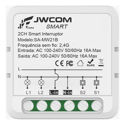 Módulo Mini 2 Canais Smart Wifi Inteligente Alexa E Google Cor Branco 110v/220v