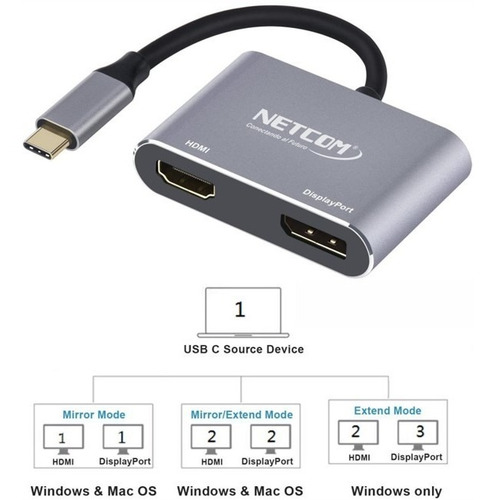 Adaptador Usb-c A Hdmi Y Displayport 4k 60hz Netcom Laptop