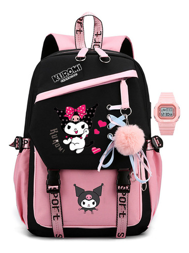 Mochila Escolar Usb Con Cordones Kuromi + Reloj