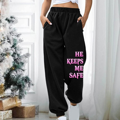 Calça De Moletom Feminina Com Estampa Sólida, Cintura Alta,