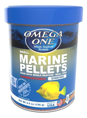 Omega One Marine Small Pellets 126g Alimento Para Peces Marinos En Granulos Pequeños De Lento Hundimiento 2mm A Base De Salmon, Camaron Y Comida Fresca De Mar Con Ajo Omega Y Espirulina 39% Proteína