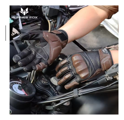 Guante Moto Cuero Alpine Fox Bicolor De Alta Calidad Protecc Negro Y Marrón M