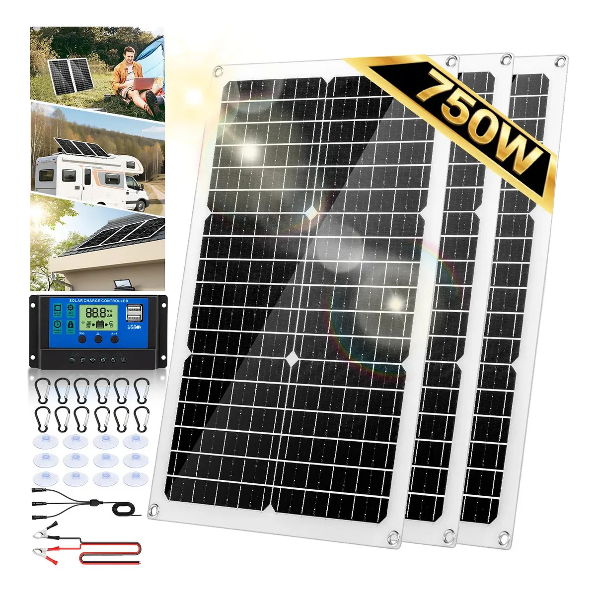Kit Panel Solar De 3 PCS 750W Modulo Monocristalin 18v Y Con 100A Controlador Integrado,para Exteriores,RV Y Carga De Celular Ip65,con Usb Y Dc Puertos