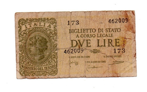 Italia Billete 2 Liras Biglietto Di Stato Año 1944 P#30b