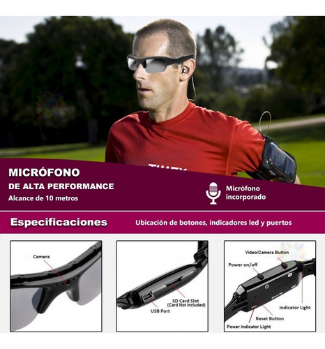 Anteojo Lentes Espia Camara Oculta Deportivo Microfono Camuflado Graba Video Seguridad Slot Para Micro Sd