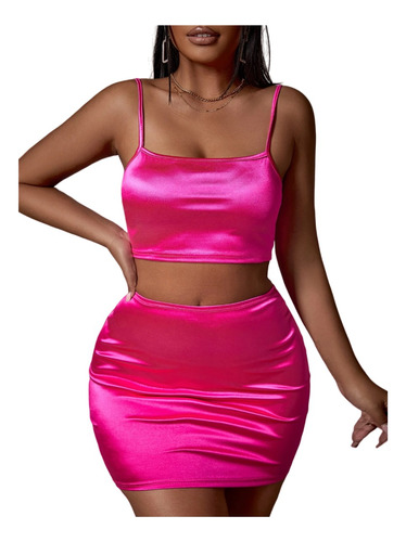 Conjunto Falda Y Top Satin Sexy Casual Ajustado Rosa Neon