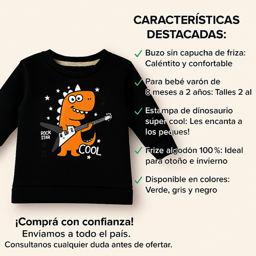 Buzo Friza Para Bebe Estampa Dino 8 A 24meses Super Abrigado