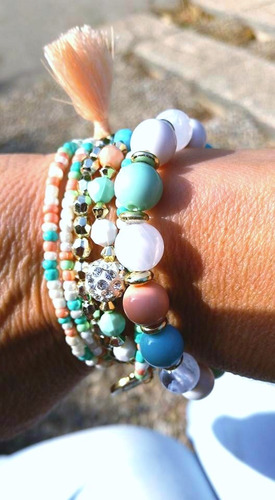 Kit 6 Pulseira Étnica Hippie Strass Miçanga Franja Medalha