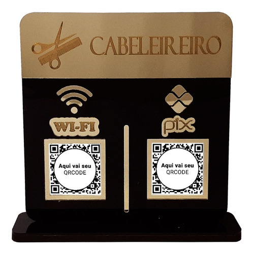 Placa Display 2 Qrcode Pix E Wi-fi Acrílico Dourado E Preto Cor Cabeleireiro