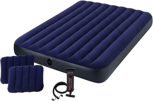Colchon Inflable Intex Camping 2 Plazas Inflador + Almohadas Color Azul