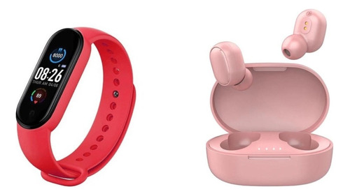 Reloj Smartband M7 Rojo + Auriculares Inalámbricos Rosa