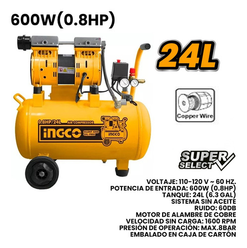 Compresor De Aire 24lt Libre De Aceite 0.8hp Ingco