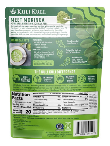 Kuli Kuli Moringa Oleifera - Polvo Orgánico De Hojas Y Batido Verde, 100% Puro Certificado Por Usda Y Polvo De Moringa Sin Omg, Ideal Para Batidos, T