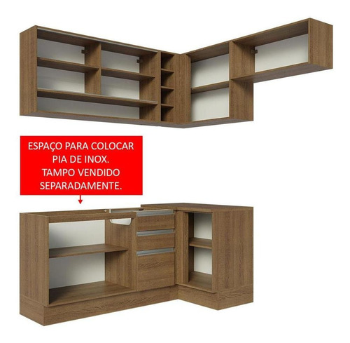 Armário De Cozinha Completa De Canto 349cm Glamy Madesa 06 R Cor Rustic