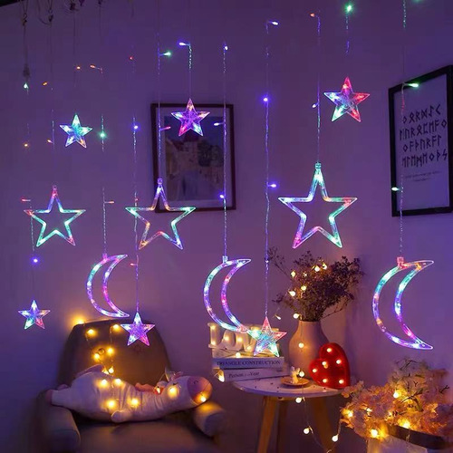 Cortina De Luces Led Con Diseño De Estrellas Y Luna