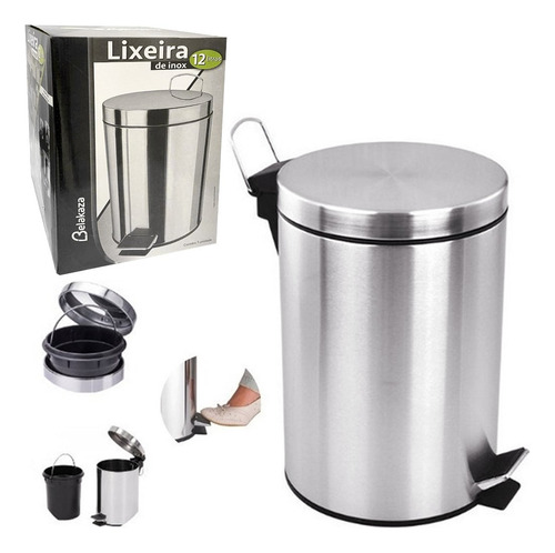 Lixeira Redonda Com Pedal E Balde Removível Em Inox 12 L Cor Prateado