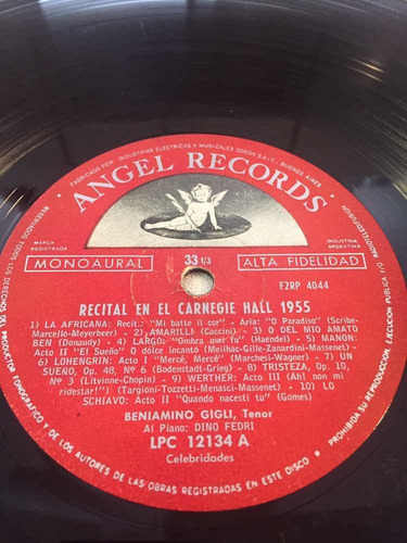 Gigli En El Carnegie Hall Disco Vinilo Lp Discos Angel 1955 (Usado)