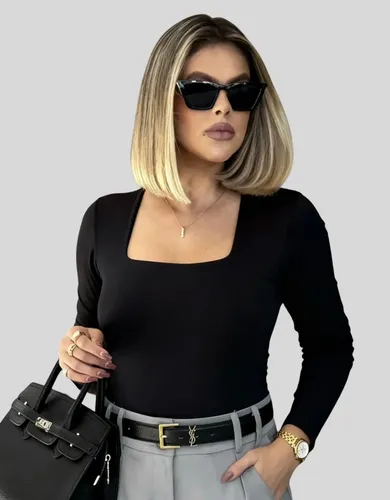 Blusa Manga Longa Feminina Decote Quadrado Segunda Pele Preto Liso Gg