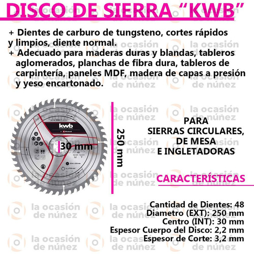 Disco Hoja De Sierra 250 X 30mm 48 Dientes Corte Madera