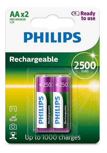 Pilha Philips Recarregável Aa 1,2v 2500mah Kit Com 2 Pilhas