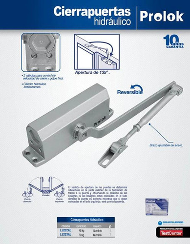 Cierrapuertas Hidrulico Prolook L5203al Automatico 70kg Alum