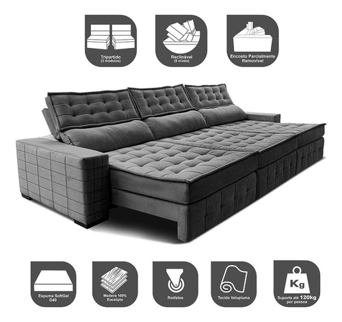 Sofá Retrátil 4,15m Cama Inbox Big Puffer. Com Softgel d40 Cor Cinza