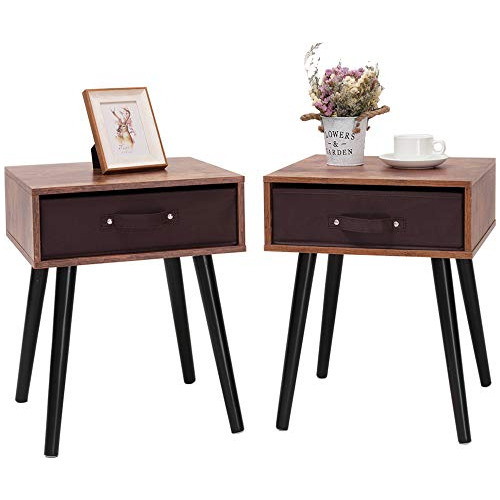 Mid-century Nightstand Set Of 2, End Table With 1 Stora...