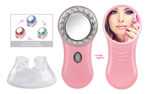 Aparelho Facial Multifunções Rf Íons Led Aquece E Vibra Rosa