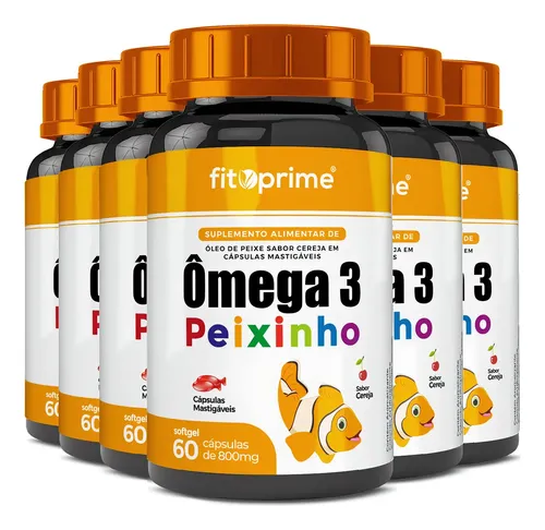 Kit 6 Ômega 3 Peixinho Mastigável Sabor Cereja 60 Cápsulas