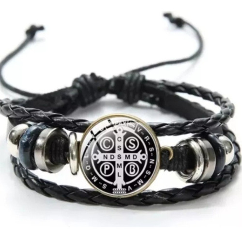 Pulsera Cuero San Benito Protección Sagrada Ajustable Mod 3