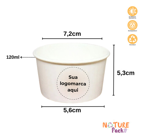 Pote Papel Personalizado 120ml Branco C/ Tampa Sorvete 100un