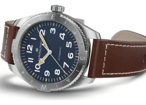 Reloj Hamilton Ha70315540 Khaki Field Expedition Auto Correa Marrón Bisel Plateado Fondo Azul
