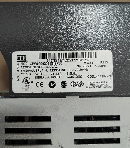 Inversor De Frequência 25cv 380v 36a Weg Cfw090030t3848psz (Usado)