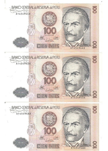 Perú: 3 Billetes 100 Intis Correlativos ¡sin Circular!