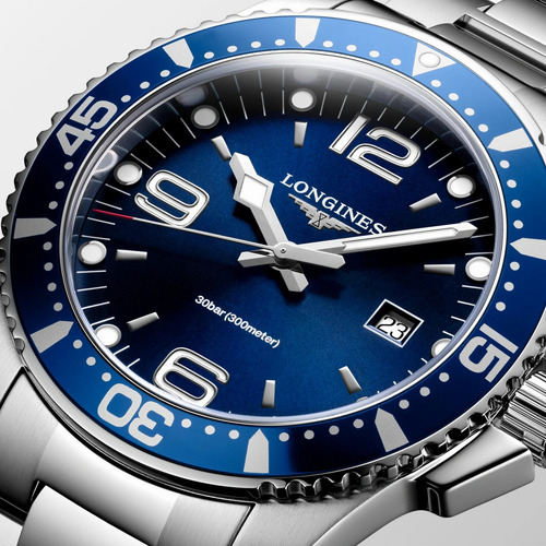 Reloj Longines Hydroconquest 44mm L38404966 Agente Malla Plateado Bisel Azul Fondo Azul