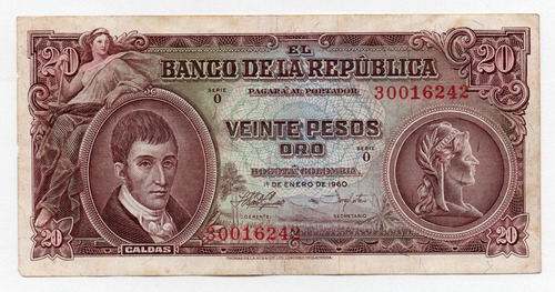 Colombia Veinte Pesos Oro 1960 