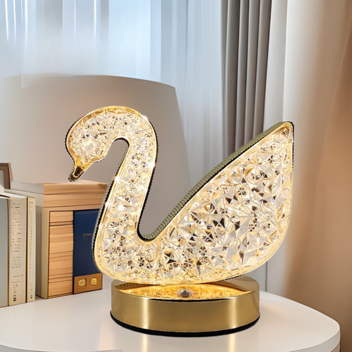 Luz Led Velador De Mesa Cisne Brillante C/usb 3 Tonos Estructura Dorado