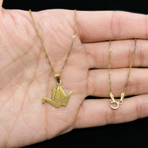 Cadena Y Dije Grulla Origami Papel Oro 18k Oro 18k 55 Cm