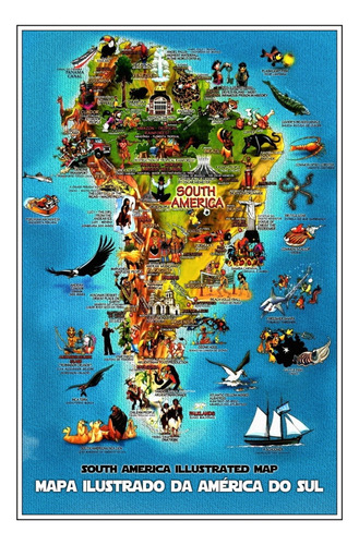 Mapa Ilustrado Da América Do Sul 60x90cm Poster Plastificado Hd - Locais Animais Culturas Monumentos Invenções Trajes Típicos - Para Sala Quarto Escola Estudos