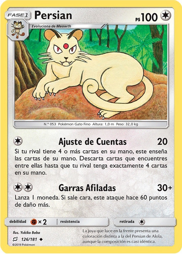 Cartas Pokemon Persian 126/181 Español Team Up Teu