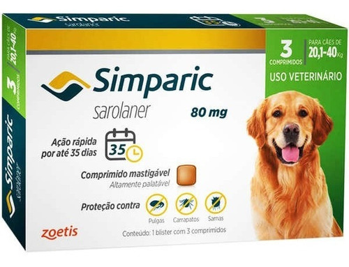 Antipulgas Simparic 80 Mg 20 A 40 Kg 3 Comp. Avulsos