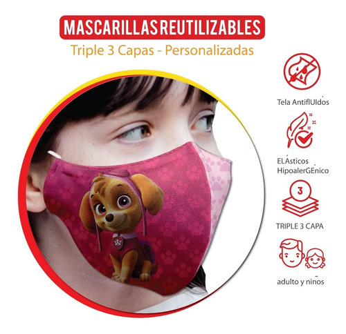 Imagen 2 de 4 de Pack 3 Paw Patrol Mascarillas Triple Capa Antifluido Niño(a)