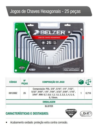 Jogo De Chave Allen Hexagonai 25 Peças 09120bz - Belzer