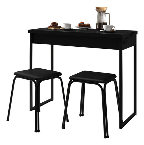 Conjunto Mesa Dobrável Com 2 Banquetas Preto Carraro Desenho do tecido das cadeiras Liso