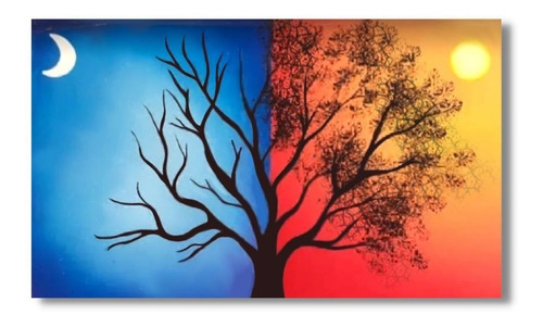 Cuadro Árbol Día Y Noche Pintado A Mano