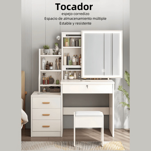 Tocador Blanco Con Espejo Cuadrado Y Luz Moderna Con Cajones